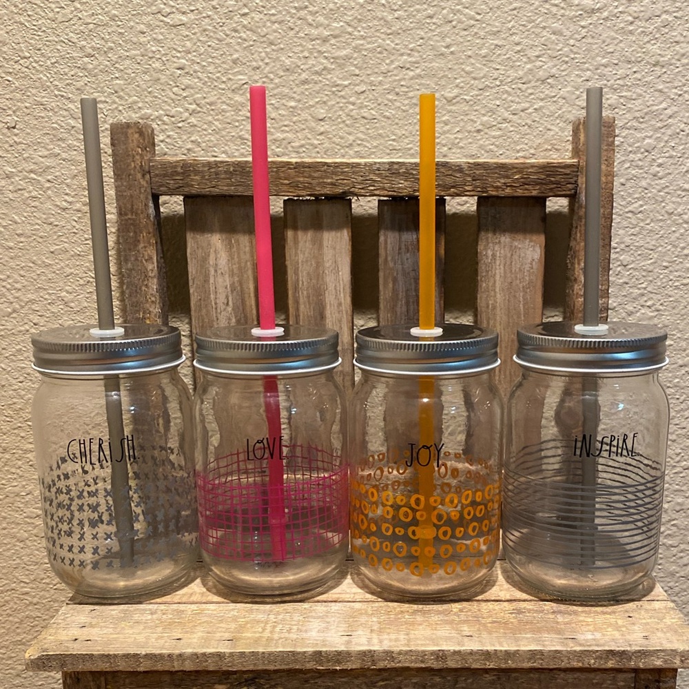 Rae Dunn Mason Jar Glasses & Straws Set Of 4, Cherish Love Joy Inspire Glasses